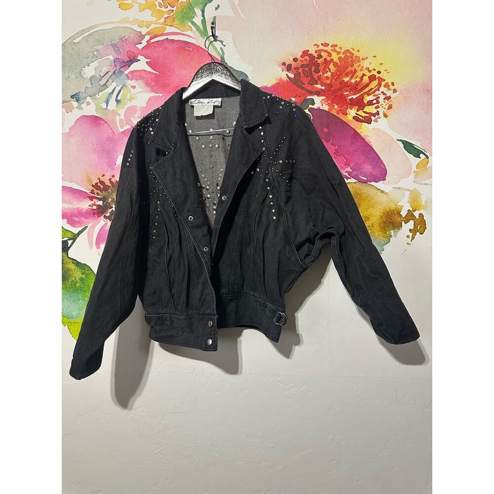 Vintage Lillie Rubin Women Black Studded Rhinestone Cropped Jean Jacket 70s 80s